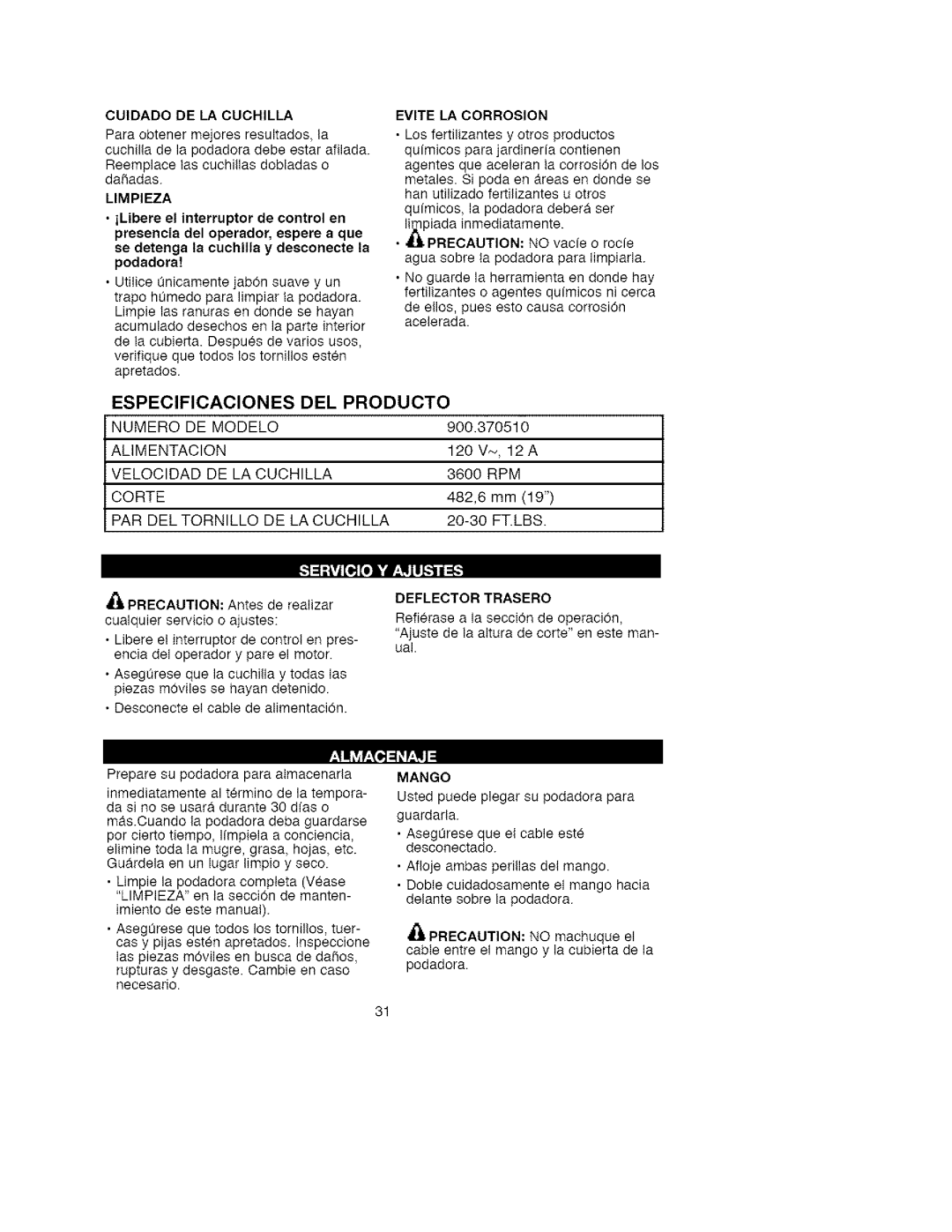 Craftsman 900.370511 manual Especificaciones, Del Producto 