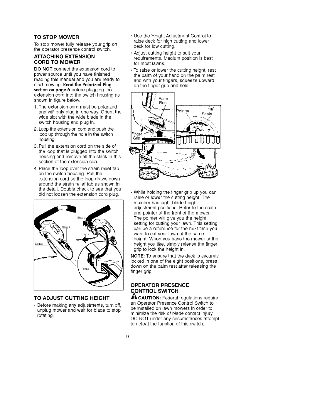 Craftsman 900.370511 manual To Stop Mower, Attaching Extension Cord To Mower, To Adjust Cutting Height, Control Switch 