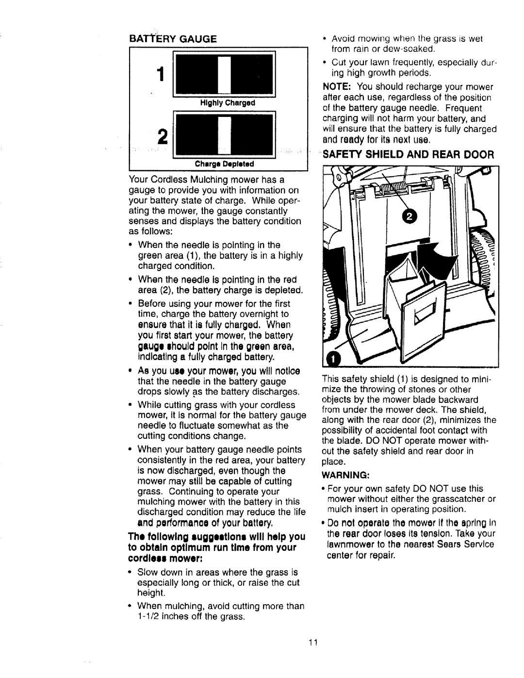 Craftsman 900.370520 manual Battery Gauge, Indicating a fully charged battery, Safety Shield and Rear Door 