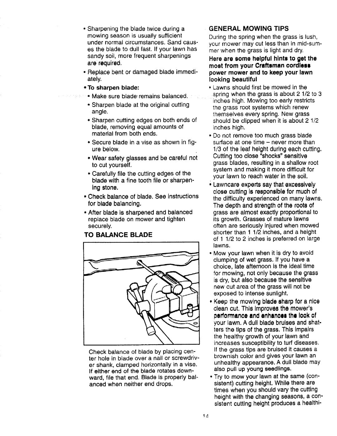 Craftsman 900.370520 manual To Balance Blade, @ To sharpen blade, General Mowing Tips 