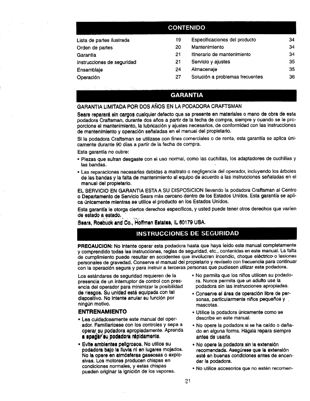 Craftsman 900.370520 Lista de partes ilustrada, Garantia Limitada POR DOS Anos EN LA Podadora Craftsman, Entrenamiento 