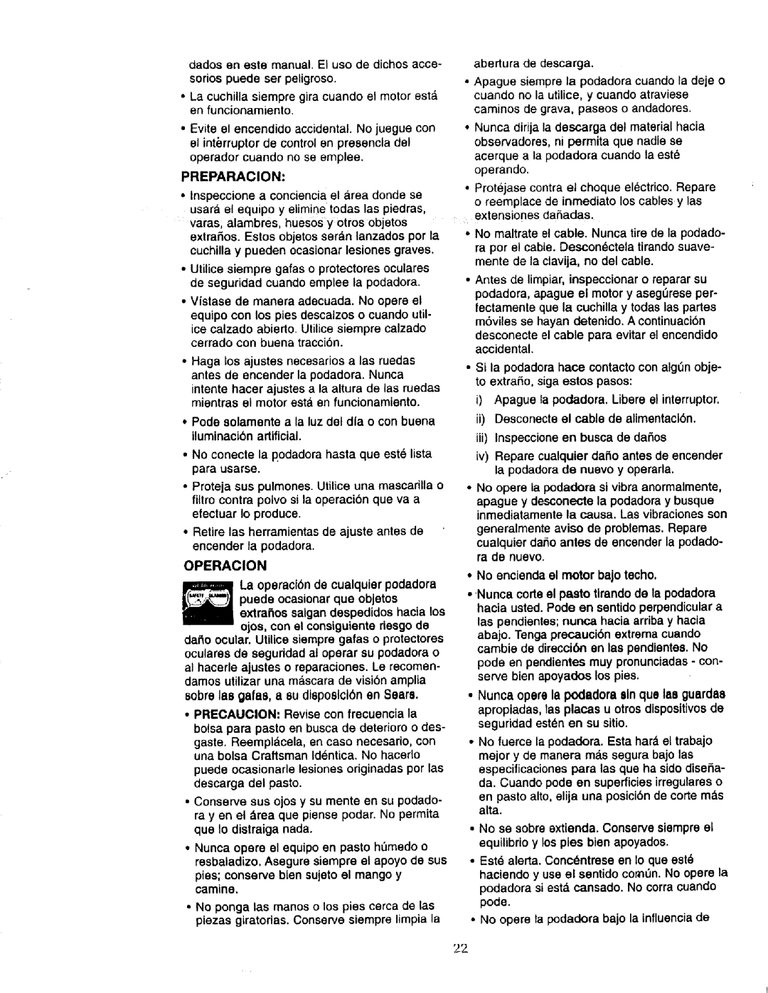 Craftsman 900.370520 manual Preparacion, Operagion 