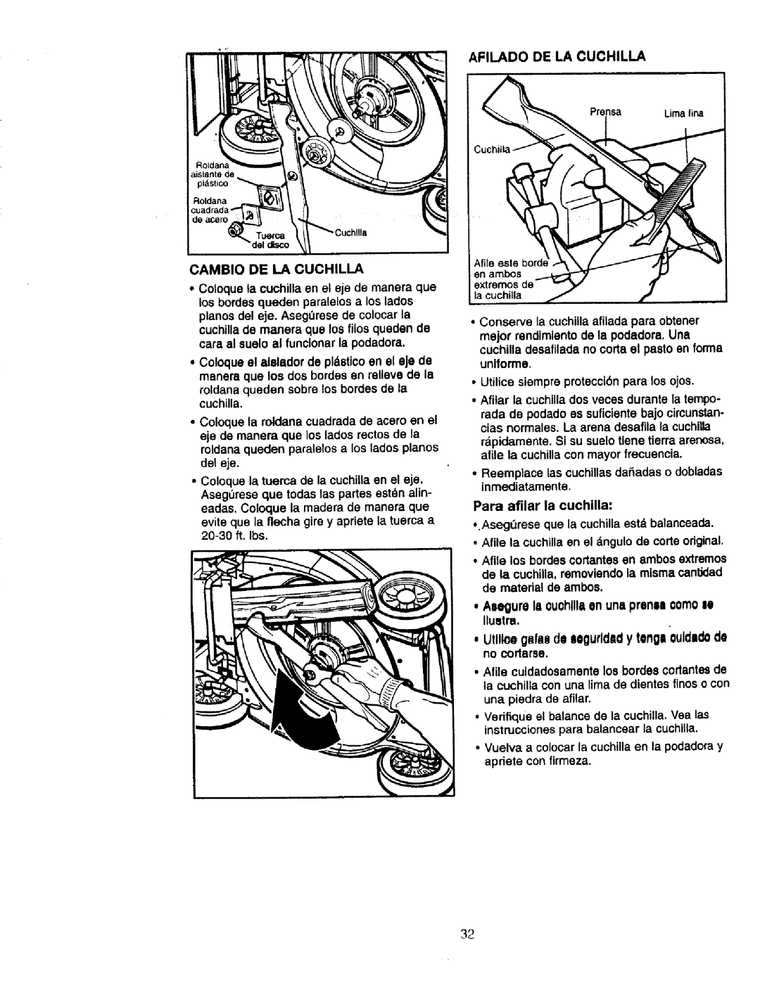 Craftsman 900.370520 manual Cambio DE LA Cuchilla, Afilado DE LA Cuchilla 