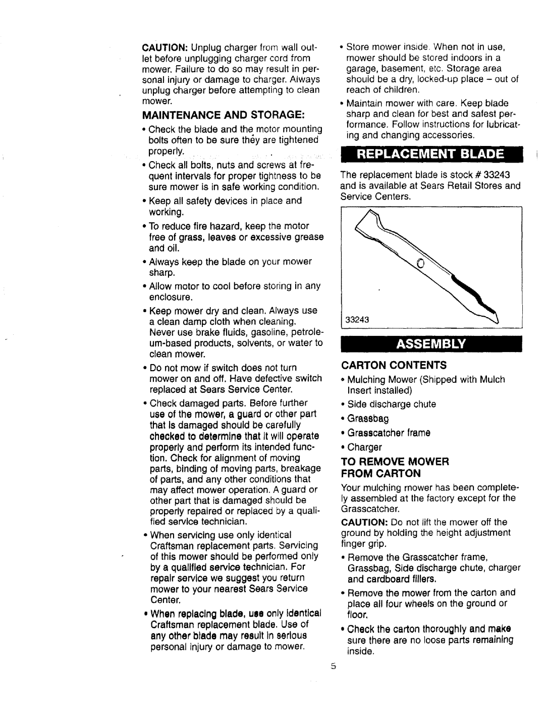 Craftsman 900.370520 manual Maintenance and Storage, Carton Contents, To Remove Mower From Carton 