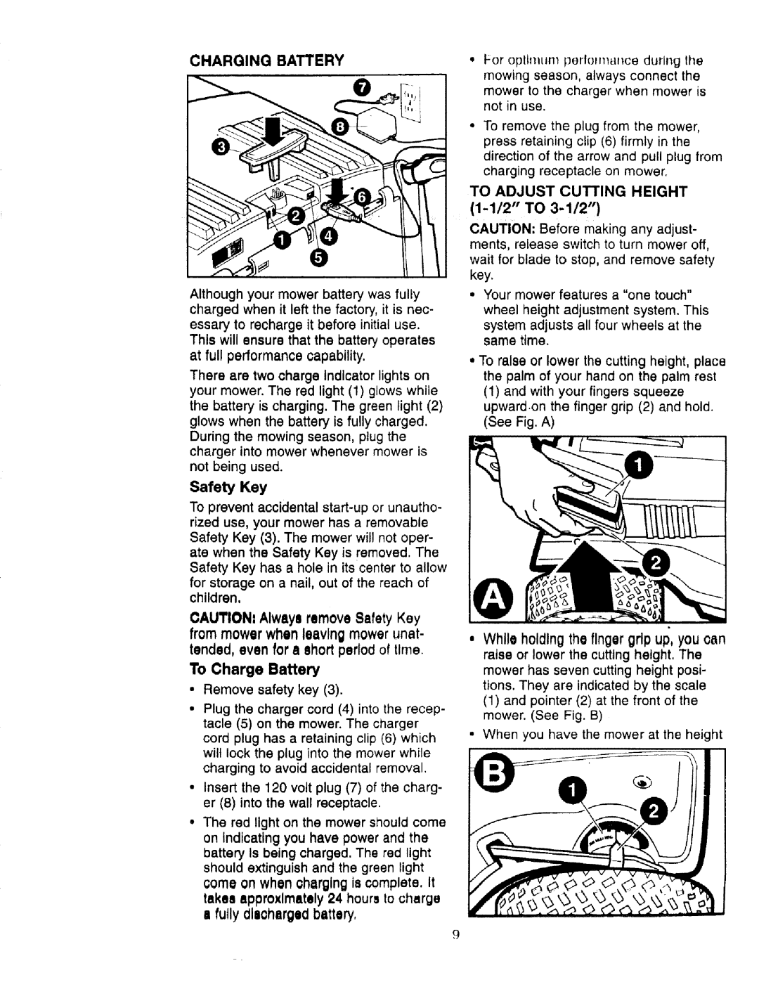 Craftsman 900.370520 manual Charging Battery, Safety Key, To Adjust Cutting Height, 2 to 3-1/2 