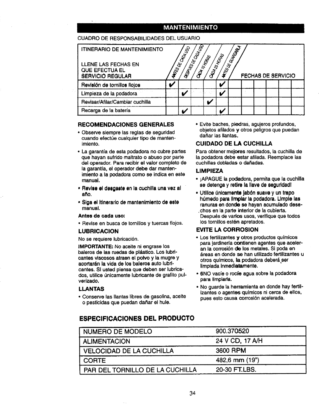 Craftsman 900.370520 manual Especificaciones, Del Producto 