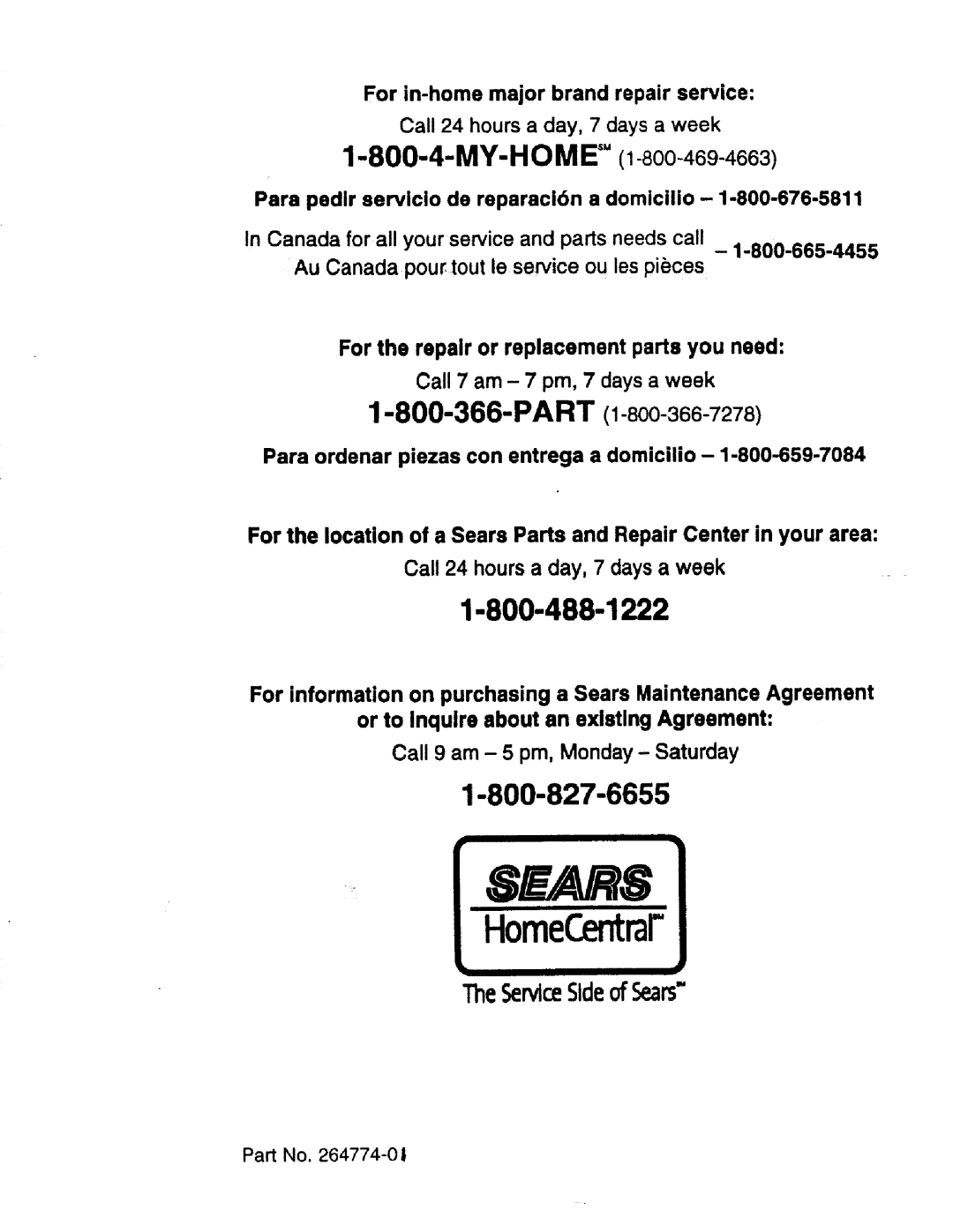 Craftsman 900.370520 manual TheServiaSideof Sears, 1-800-488-1222, My-Home, Part 