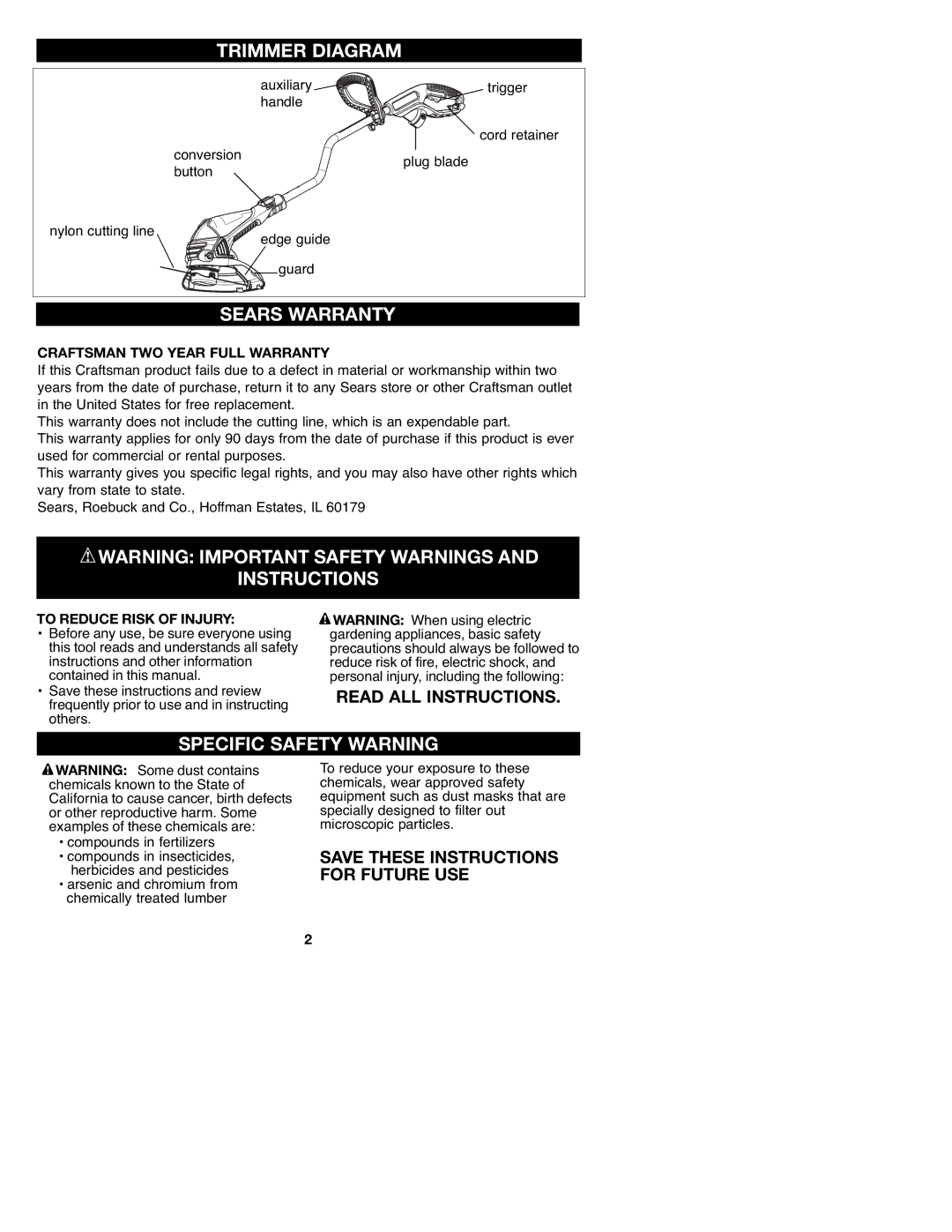 Craftsman 900.74547, C935.51850 manual Trimmer Diagram, Sears Warranty, Specific Safety Warning, Read ALL Instructions 