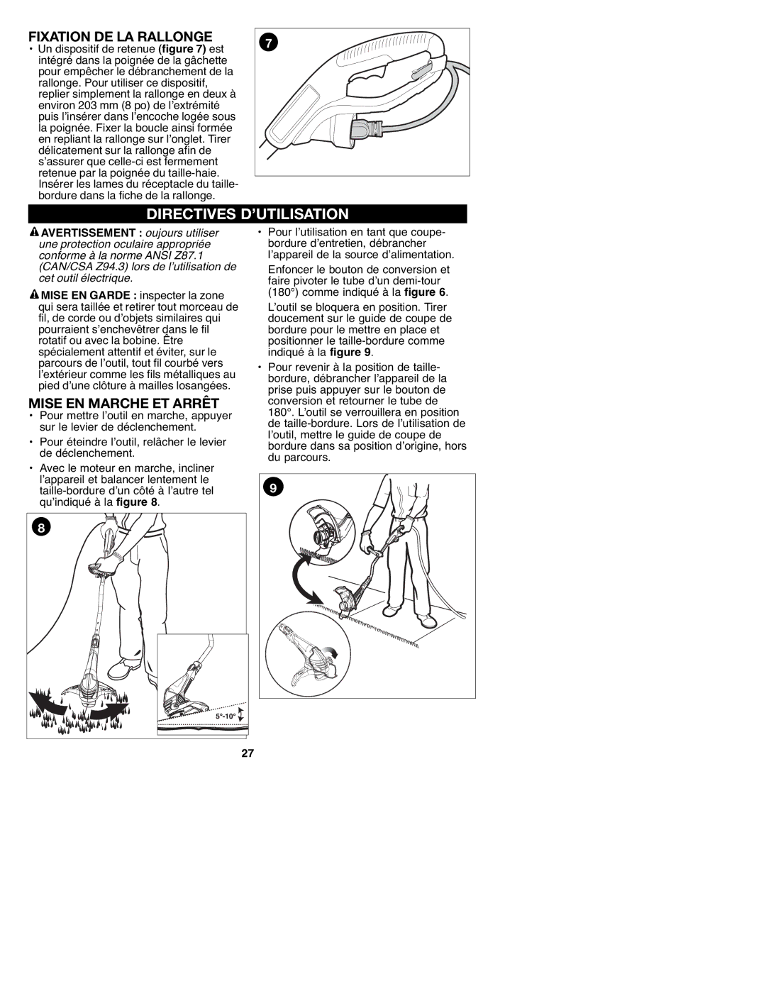 Craftsman C935.51850, 900.74547 manual Directives D’UTILISATION, Fixation DE LA Rallonge, Mise EN Marche ET Arrêt 