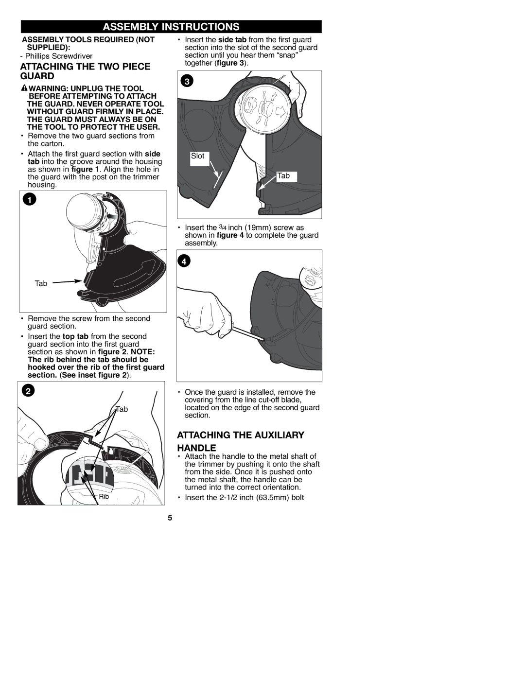 Craftsman C935.51850, 900.74547 manual Assembly Instructions, Attaching the TWO Piece Guard, Attaching the Auxiliary Handle 