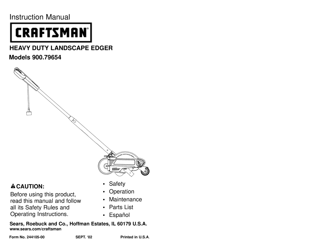 Craftsman 900.79654 instruction manual Heavy Duty Landscape Edger 