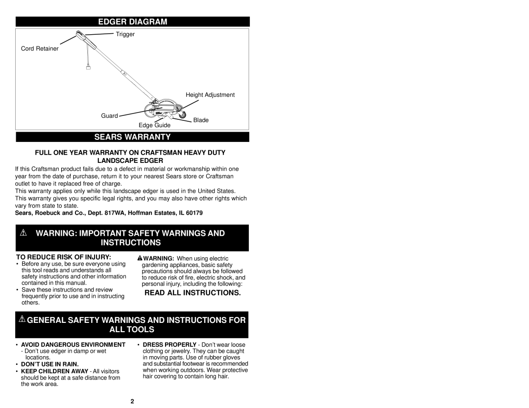 Craftsman 900.79654 Edger Diagram, Sears Warranty, General Safety Warnings and Instructions for ALL Tools 