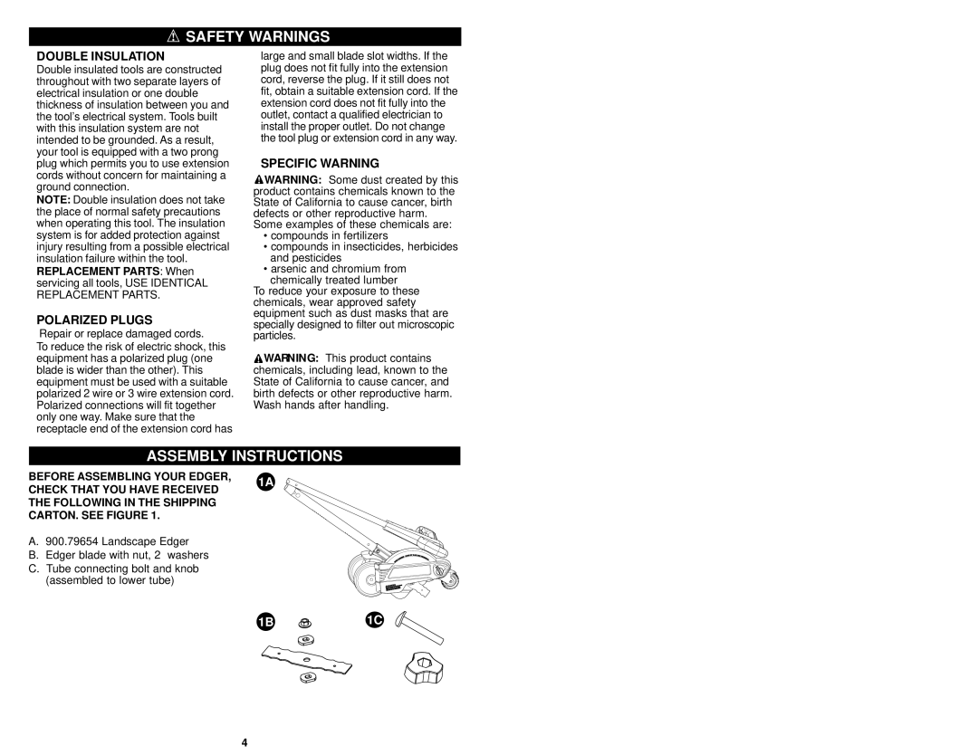 Craftsman 900.79654 instruction manual Safety Warnings, Assembly Instructions 