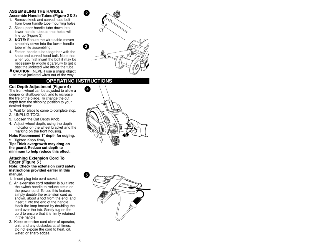 Craftsman 900.79654 Operating Instructions, Cut Depth Adjustment Figure, Attaching Extension Cord To Edger Figure 