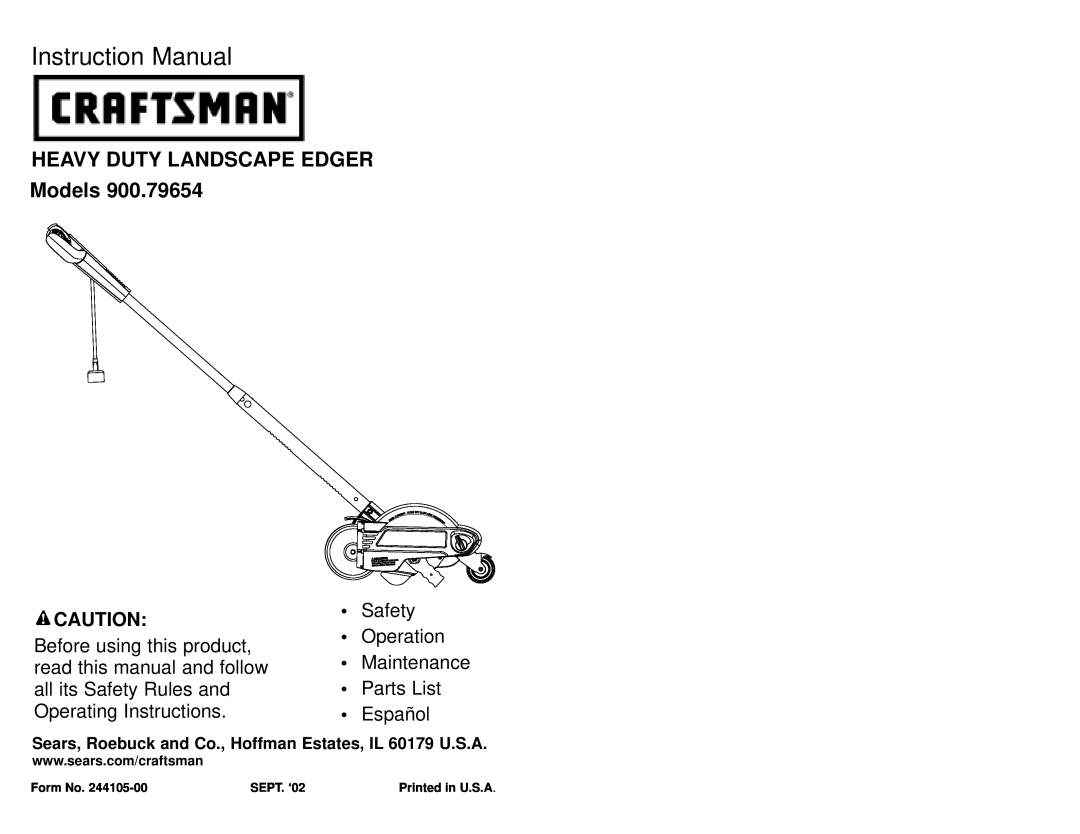 Craftsman 900.79654 instruction manual Instruction Manual, HEAVY DUTY LANDSCAPE EDGER Models, •Español, Form No, SEPT. ‘02 