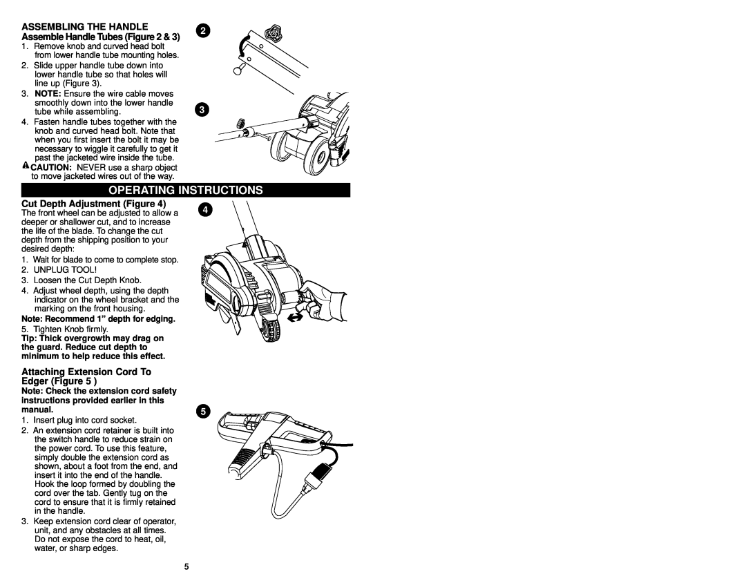 Craftsman 900.79654 Operating Instructions, Cut Depth Adjustment Figure, Attaching Extension Cord To Edger Figure 