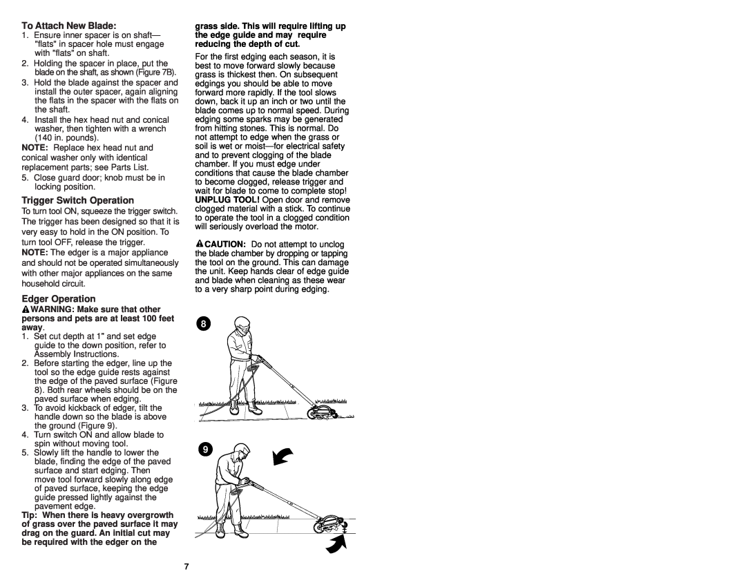 Craftsman 900.79654 instruction manual To Attach New Blade, Trigger Switch Operation, Edger Operation 
