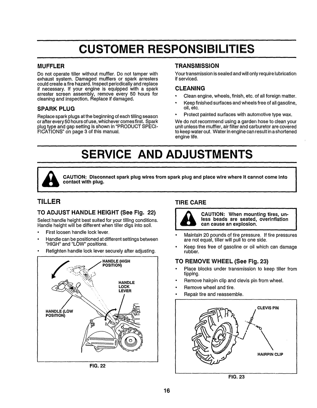 Craftsman 917-299751 owner manual Adjustments, Spark Plug, Transmission, Cleaning, Tire Care 