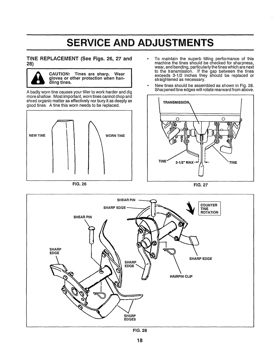 Craftsman 917-299751 owner manual Tine Replacement, See Figs , 27, Gloves or other Protection when han Dling tines, FIG+27 