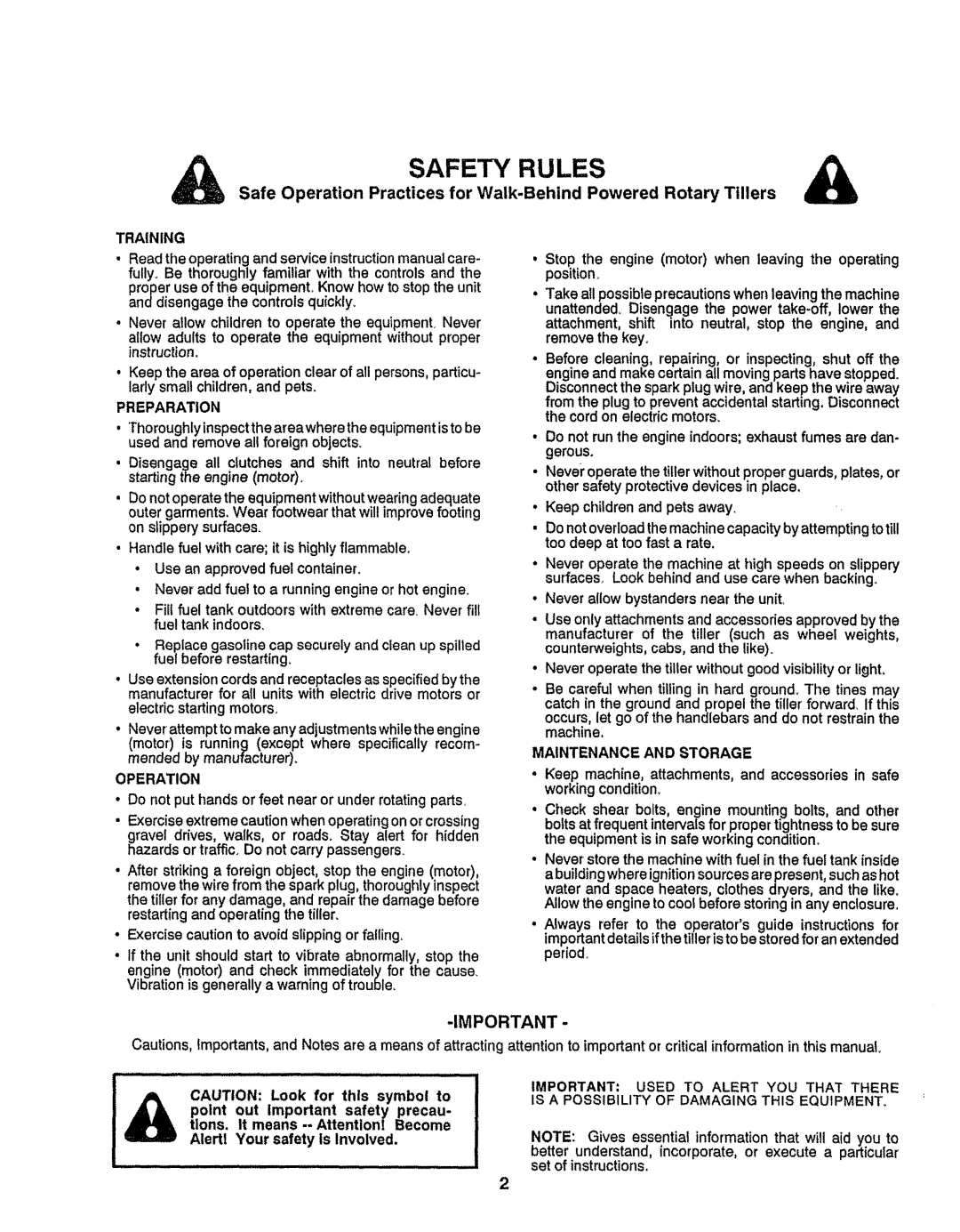 Craftsman 917-299751 owner manual Training, Preparation, Maintenance and Storage Operation 