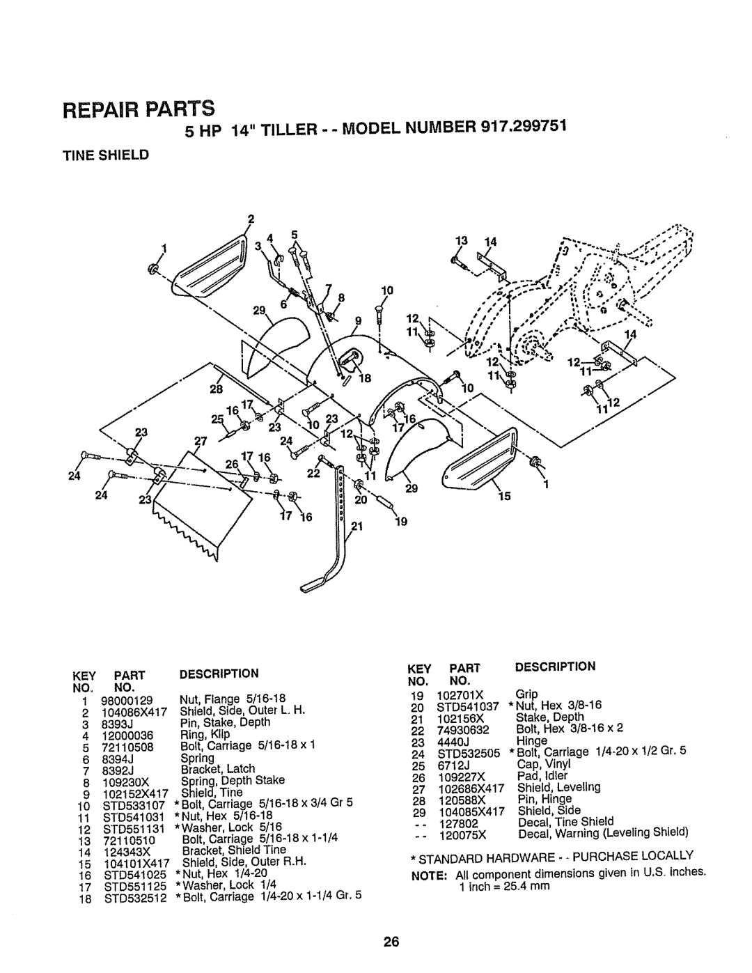 Craftsman 917-299751 owner manual Tine Shield KEY Part Description NO, no, Standard Hardware +PURCHASE Locally 