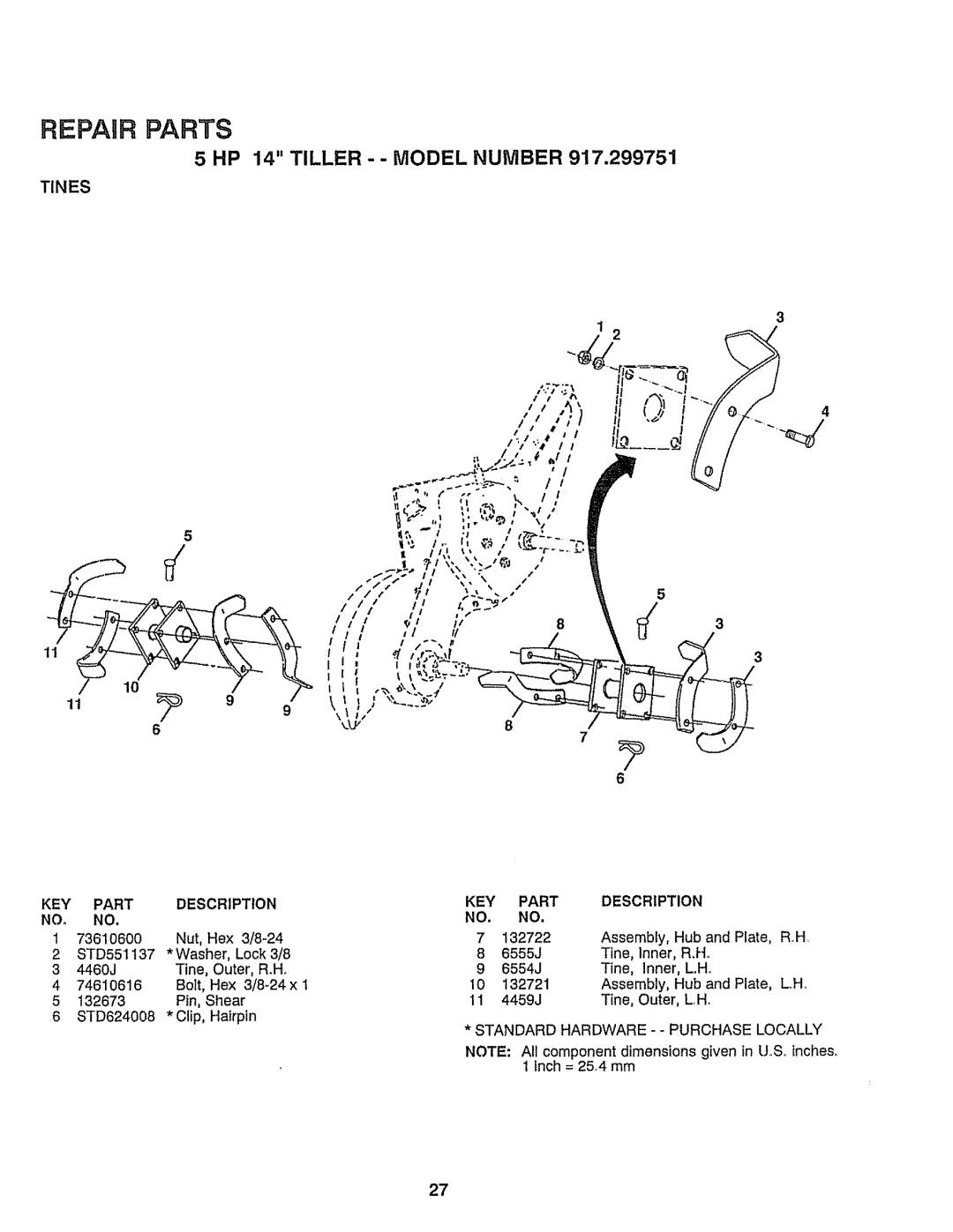 Craftsman 917-299751 owner manual Part Description, Nut, Hex 3/8-24, Washer, Lock 3/8 6555J Tine, Inner, R.H, Pin, Shear 