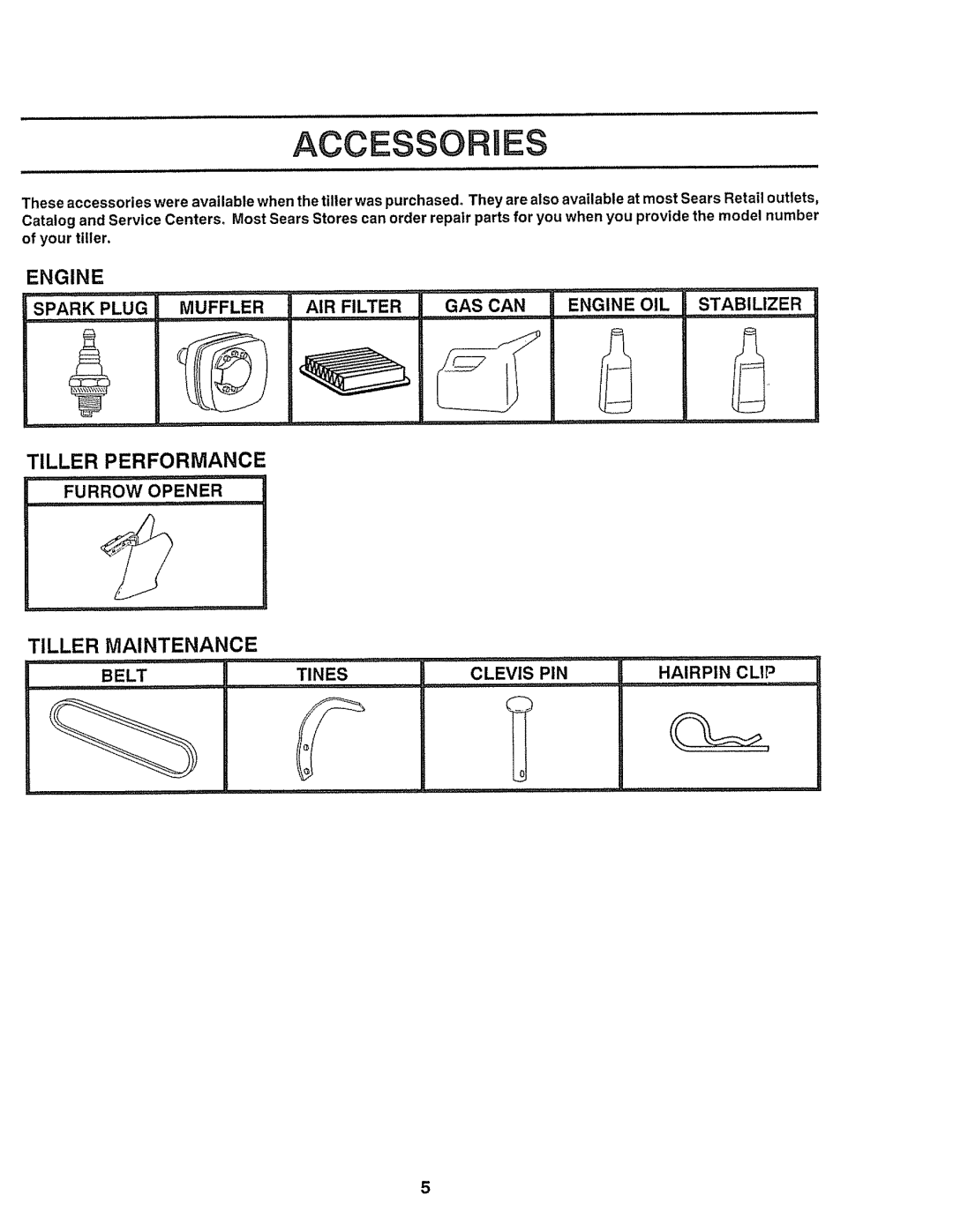 Craftsman 917-299751 owner manual Tiller, Plug Muffler AIR Filter GAS can Engine, Tines Clevis PIN, Belt, Hairpin Clip 