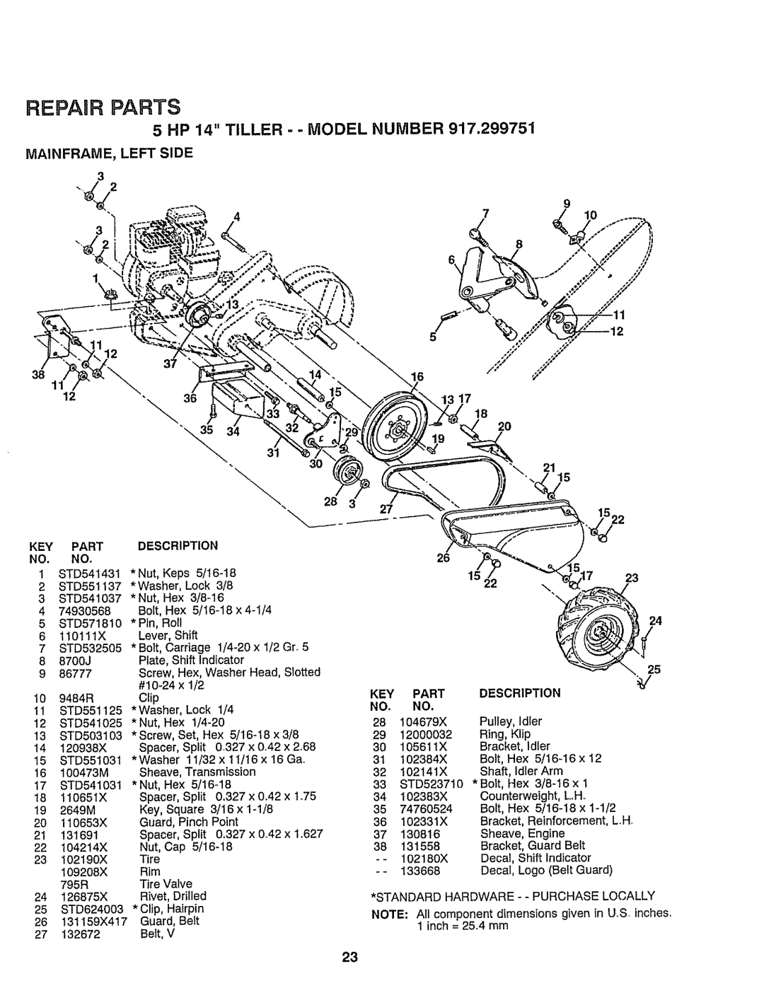 Craftsman 917-299751 owner manual 5 HP 14 TILLER - - MODEL NUMBER, Repair Parts 