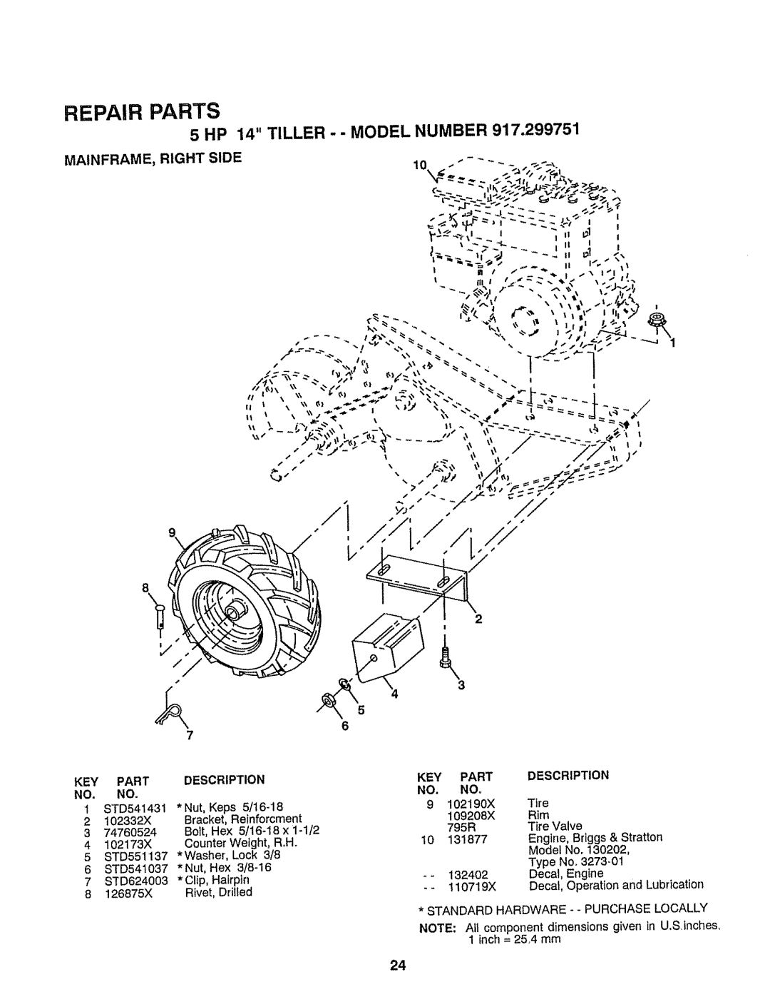 Craftsman 917-299751 owner manual Repair Parts, 5 HP 14 TILLER - - MODEL NUMBER, Mainframe, Right Side 