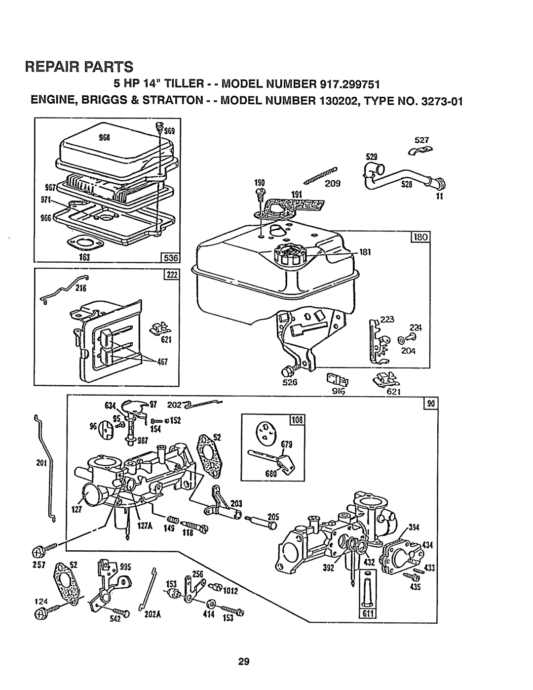Craftsman 917-299751 owner manual 12zA, Repair Parts, 5 HP 14 TILLER - - MODEL NUMBER 