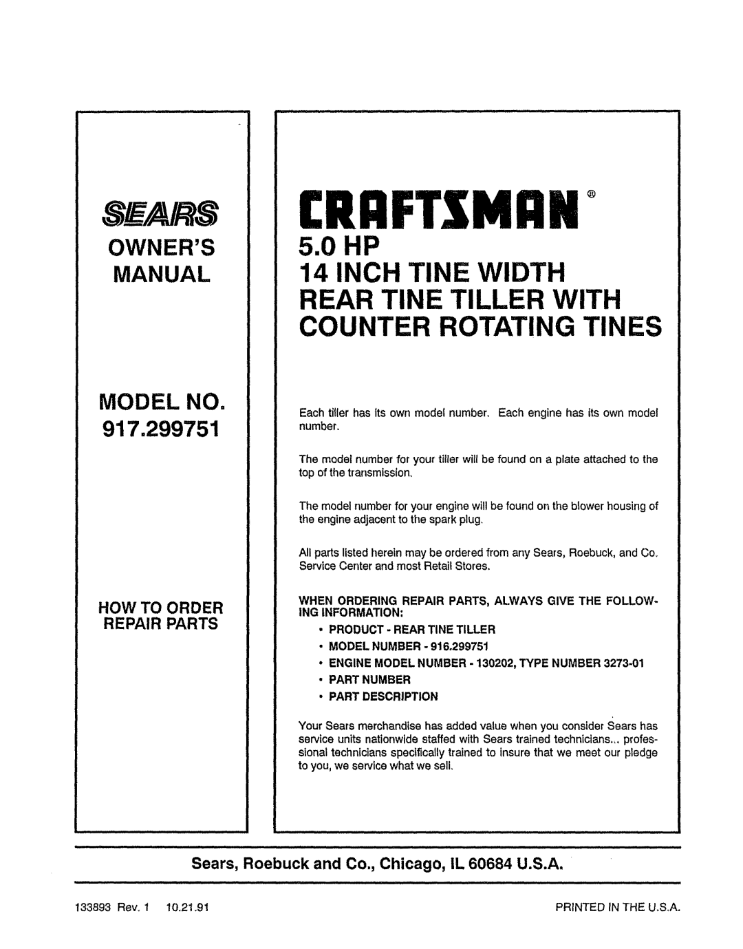 Craftsman 917-299751 5.0 HP, How To Order Repair Parts, Rrftxmrn, S A/k S, Sears, Roebuck and Co., Chicago, IL 60684 U.S.A 