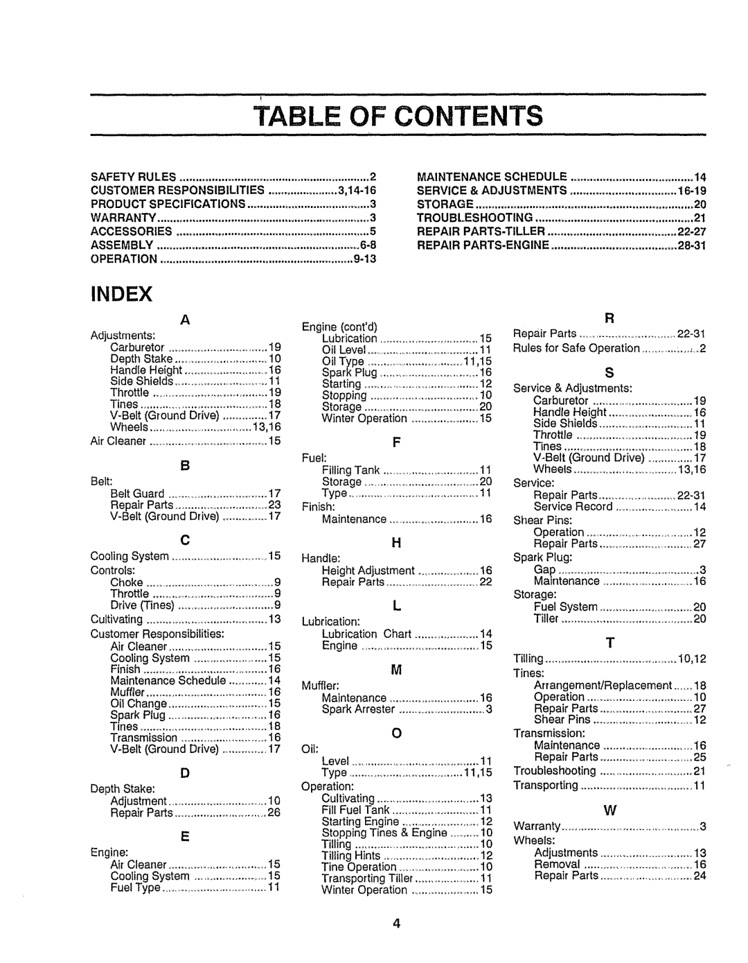 Craftsman 917-299751 owner manual Table Of Con, Index 