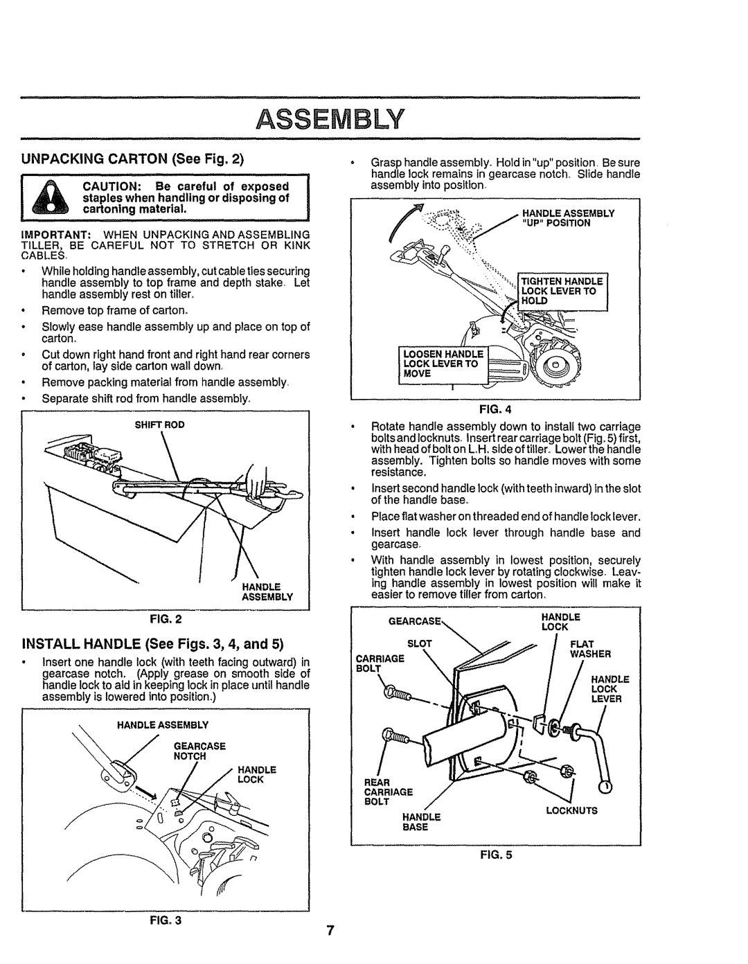 Craftsman 917-299751 Assembly, UNPACKING CARTON See Fig, INSTALL HANDLE See Figs. 3, 4, and, u..OSITiON, Handle 