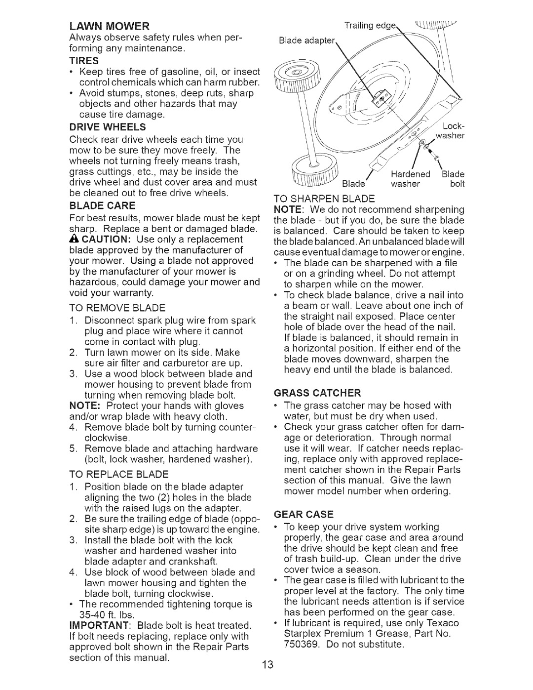 Craftsman 917-371813 manual Lawn Mower, Gear Case 