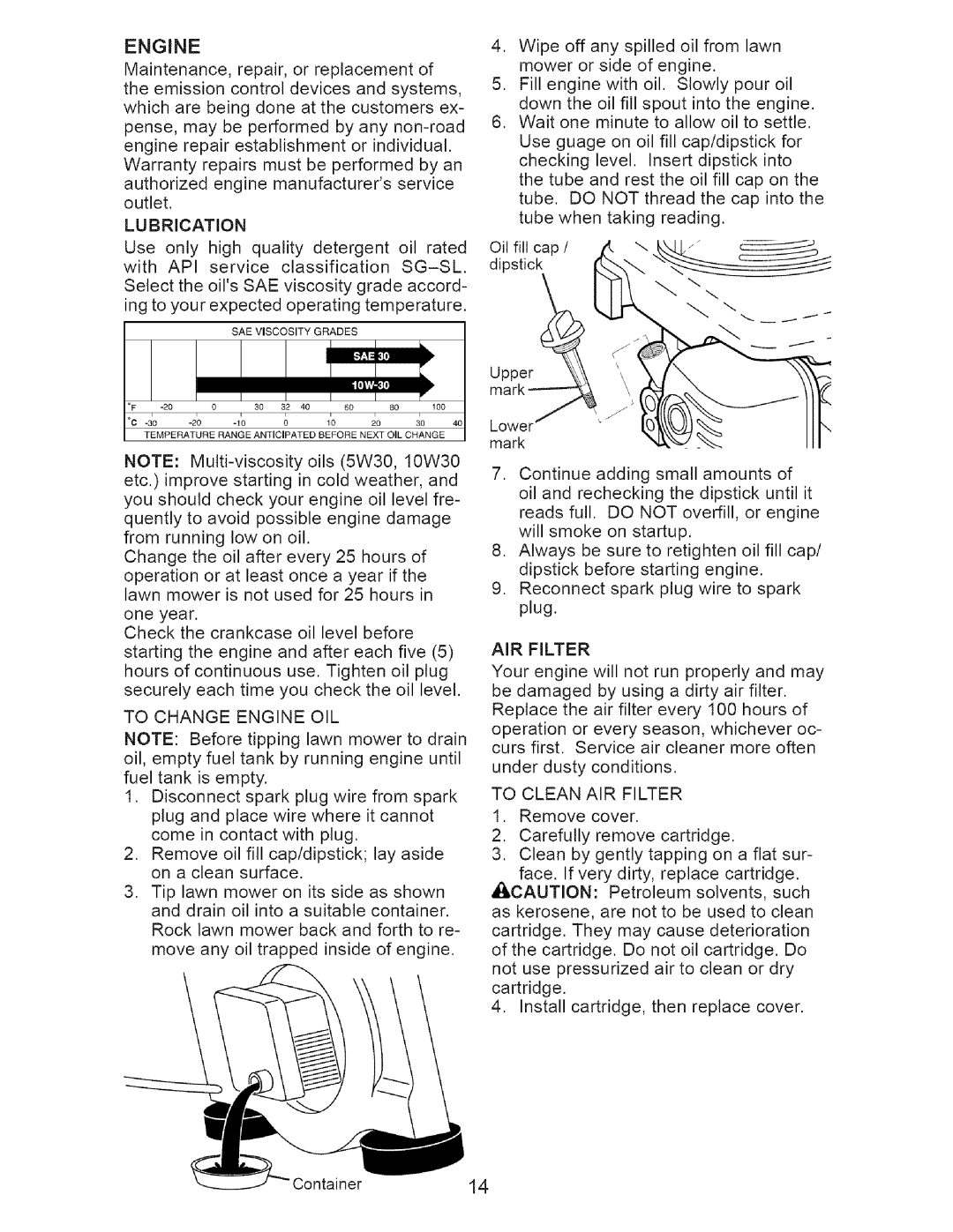 Craftsman 917-371813 manual To Change Engine OIL, To Clean AIR Filter 