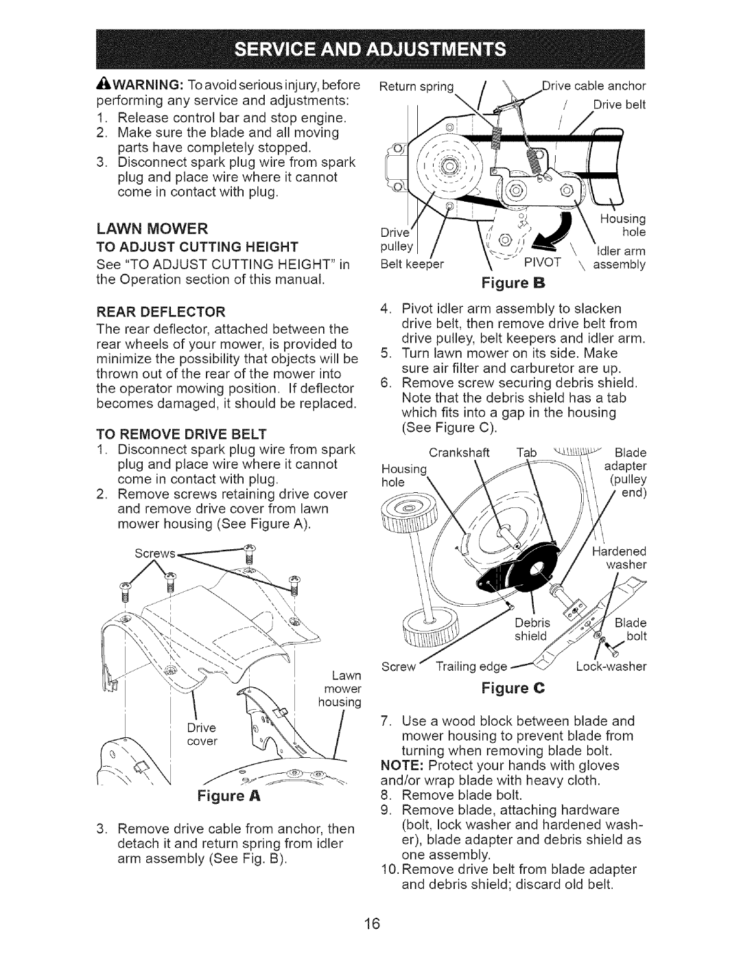 Craftsman 917-371813 manual Lawn Mower To Adjust Cutting Height, Rear Deflector, To Remove Drive Belt, Pivot 