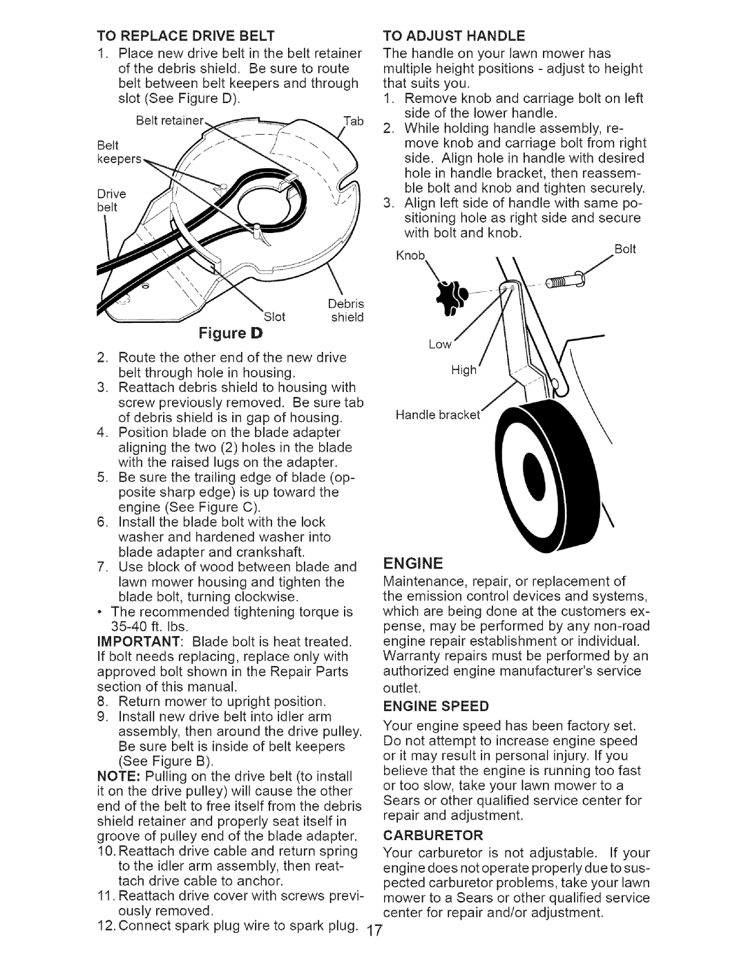 Craftsman 917-371813 manual To Replace Drive Belt, To Adjust Handle, Engine, Carburetor 