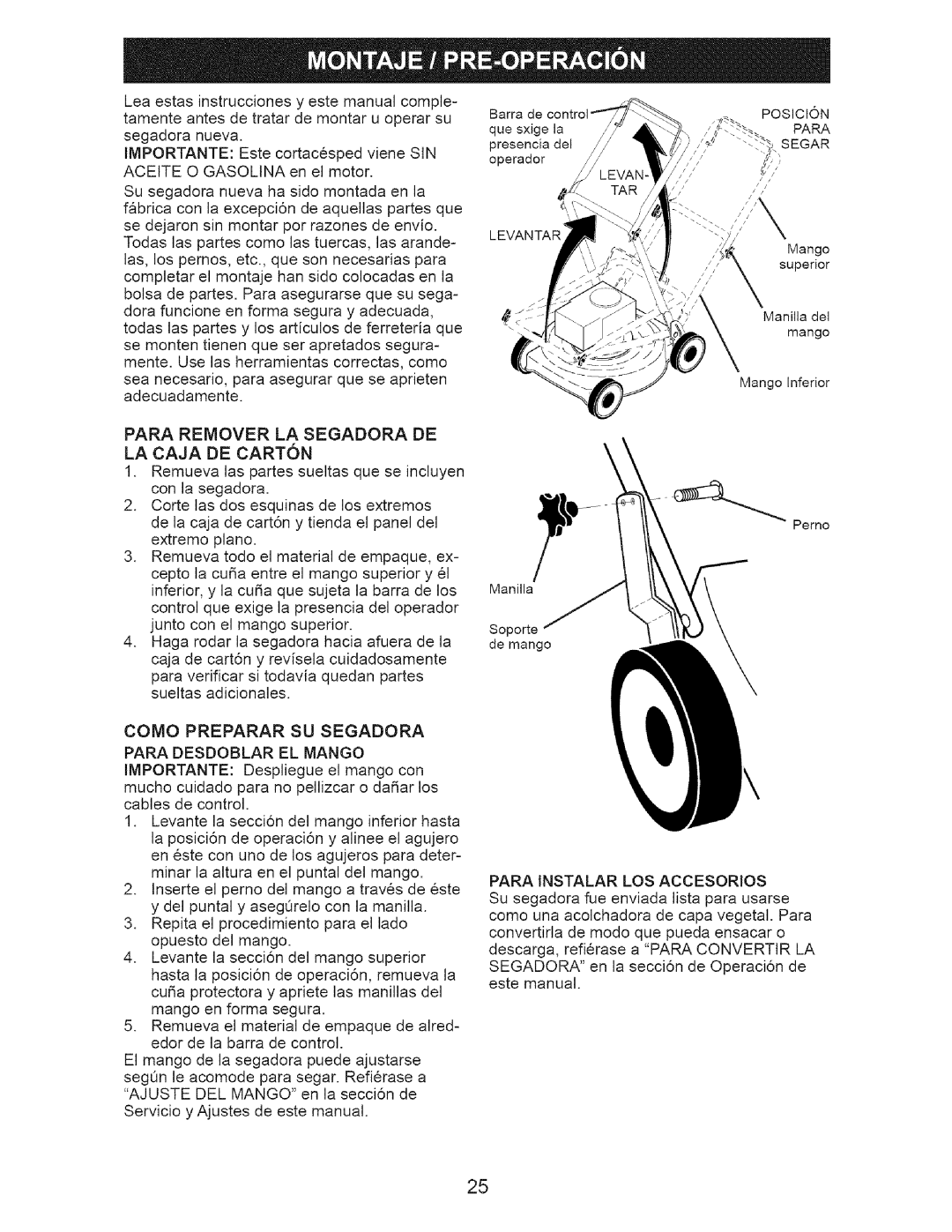 Craftsman 917-371813 manual Para Remover LA Segadora DE LA Caja DE Carton, Para Instalar LOS Accesorios 