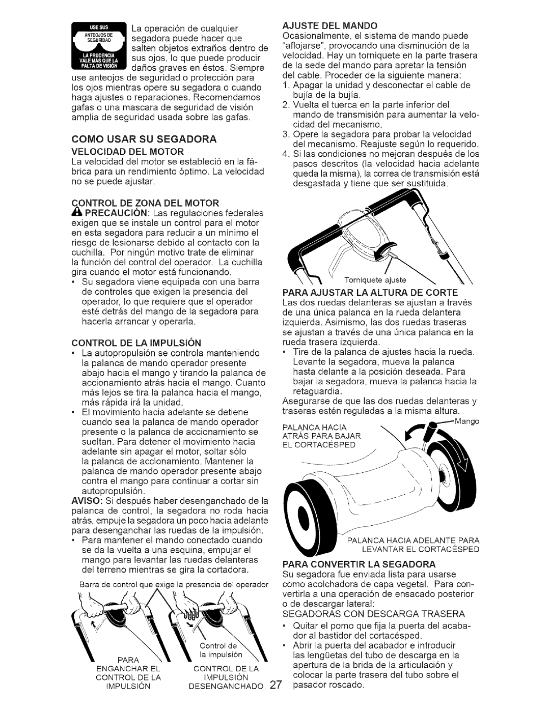 Craftsman 917-371813 manual Como Usar SU Segadora Velocidad DEL Motor, Control DE LA Impulsion, Ajuste DEL Mando 