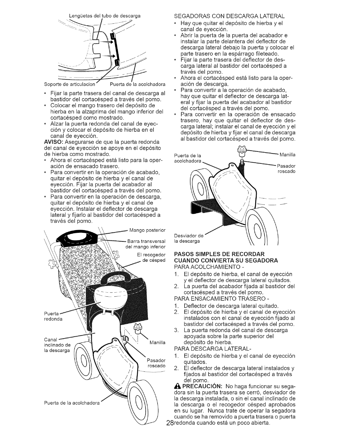 Craftsman 917-371813 manual Segadoras CON Descarga Lateral, Cuando Convierta SU Segadora, Para Descarga Lateral 