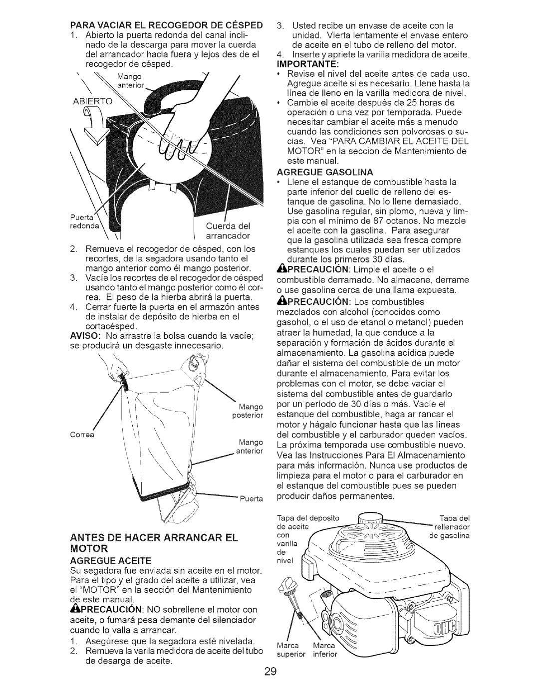 Craftsman 917-371813 manual Importante, Agregue Gasolina, Antes DE Hacer Arrancar EL, Motor, Agregue Aceite 