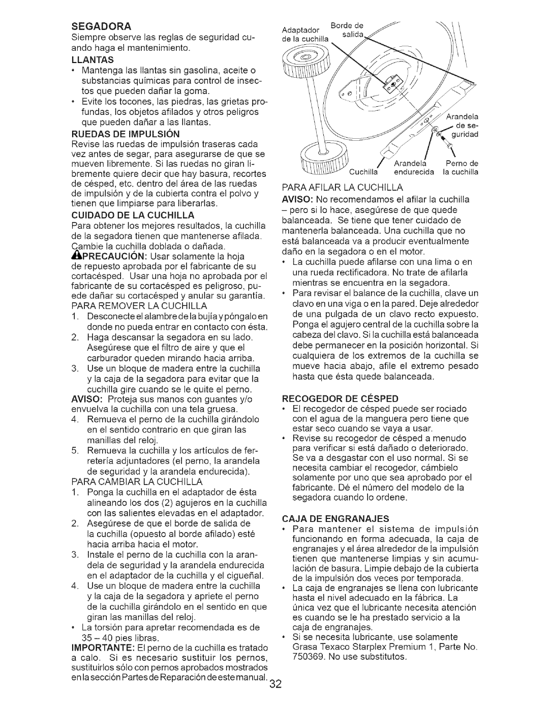 Craftsman 917-371813 manual Segadora, Llantas, Ruedas DE Impulsion, Cuidado DE LA Cuchilla, Recogedor DE C#SPED 