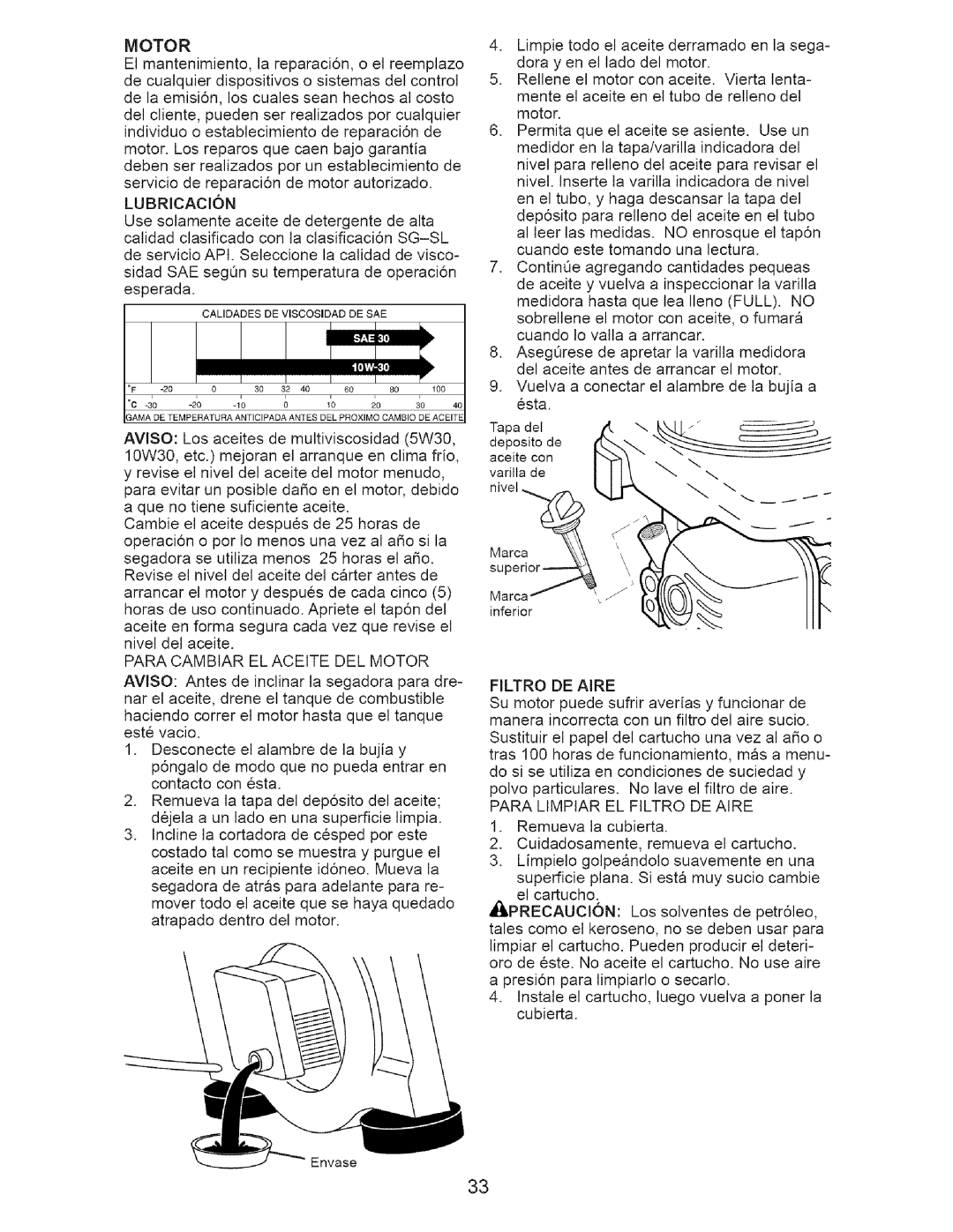 Craftsman 917-371813 manual Lubricacion, Para Limpiar EL Filtro DE Aire 