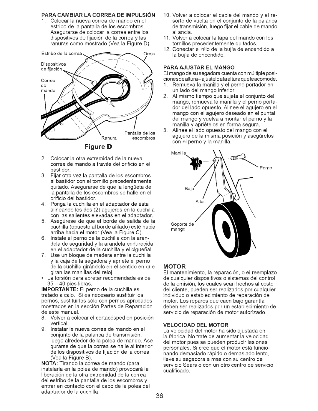 Craftsman 917-371813 manual Paracambiarlacorreadeimpulsion, Para Ajustar EL Mango 