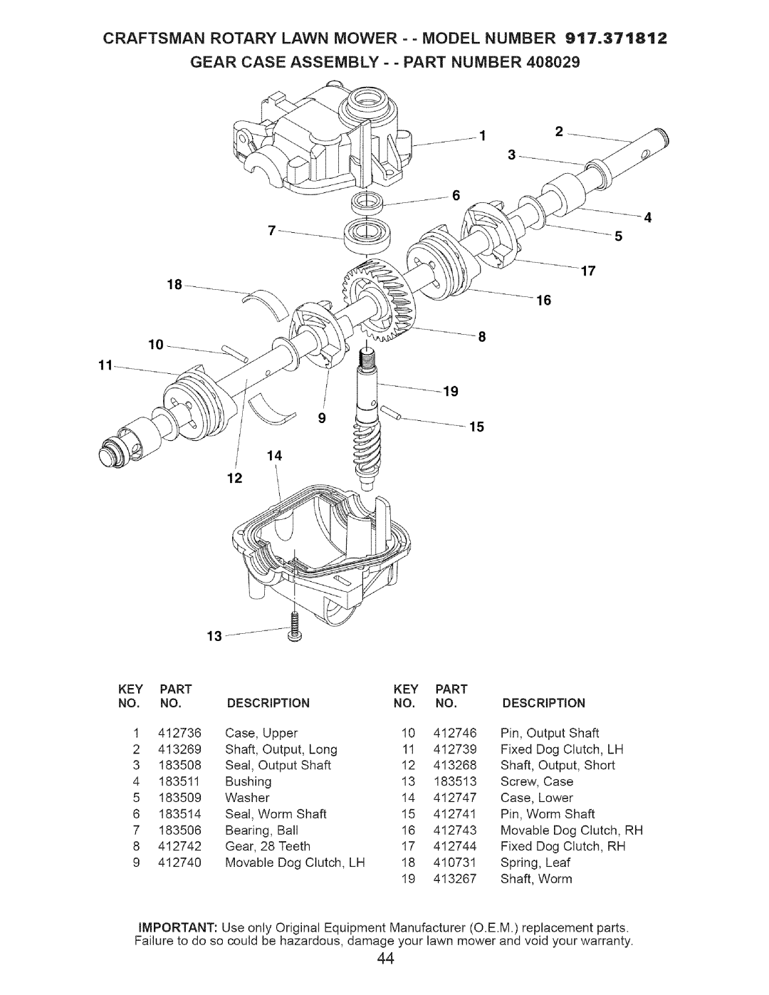 Craftsman 917-371813 manual Gear Case Assembly - Part Number, KEY Part 