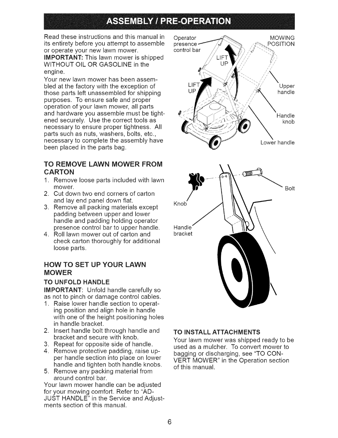 Craftsman 917-371813 To Remove Lawn Mower from Carton, Lift, Mowing Position, To Unfold Handle, To Install Attachments 