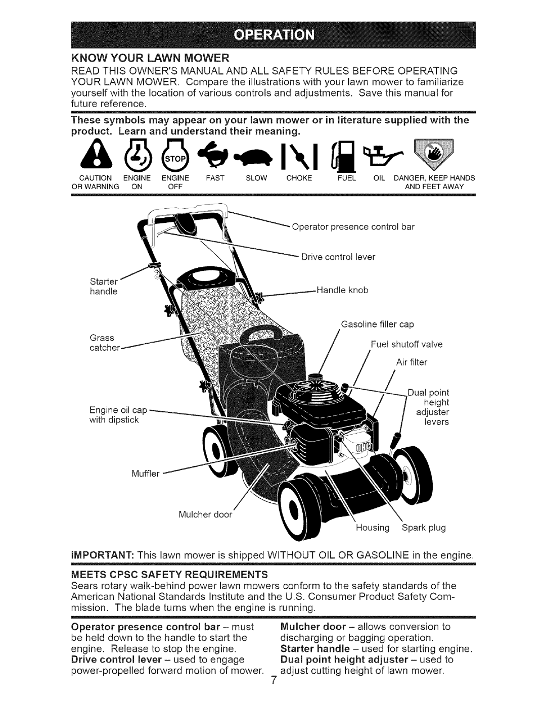 Craftsman 917-371813 manual Know Your Lawn Mower, Meets Cpsc Safety Requirements 