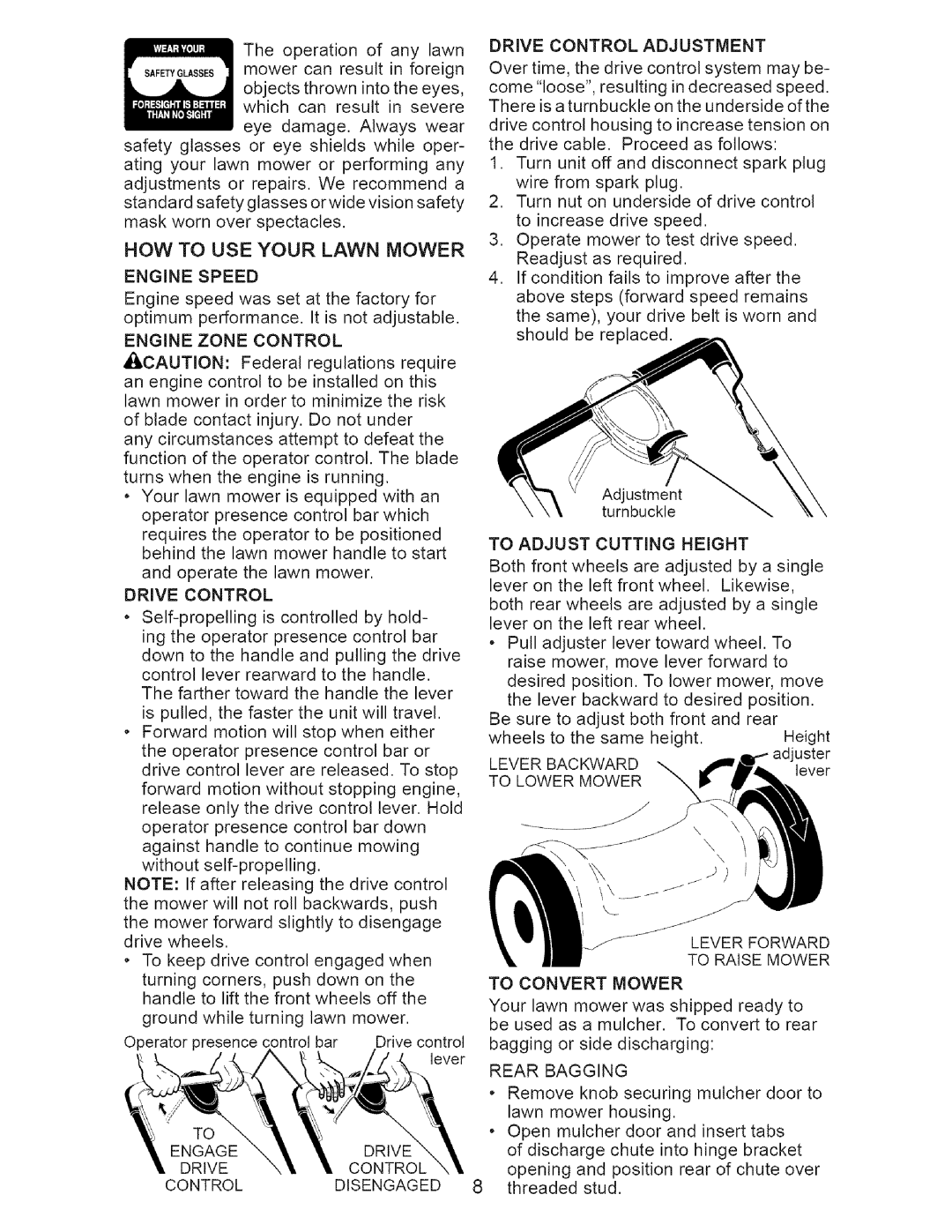 Craftsman 917-371813 manual Engine Speed, Engine Zone Control, Drive Control Adjustment, To Adjust Cutting Height 