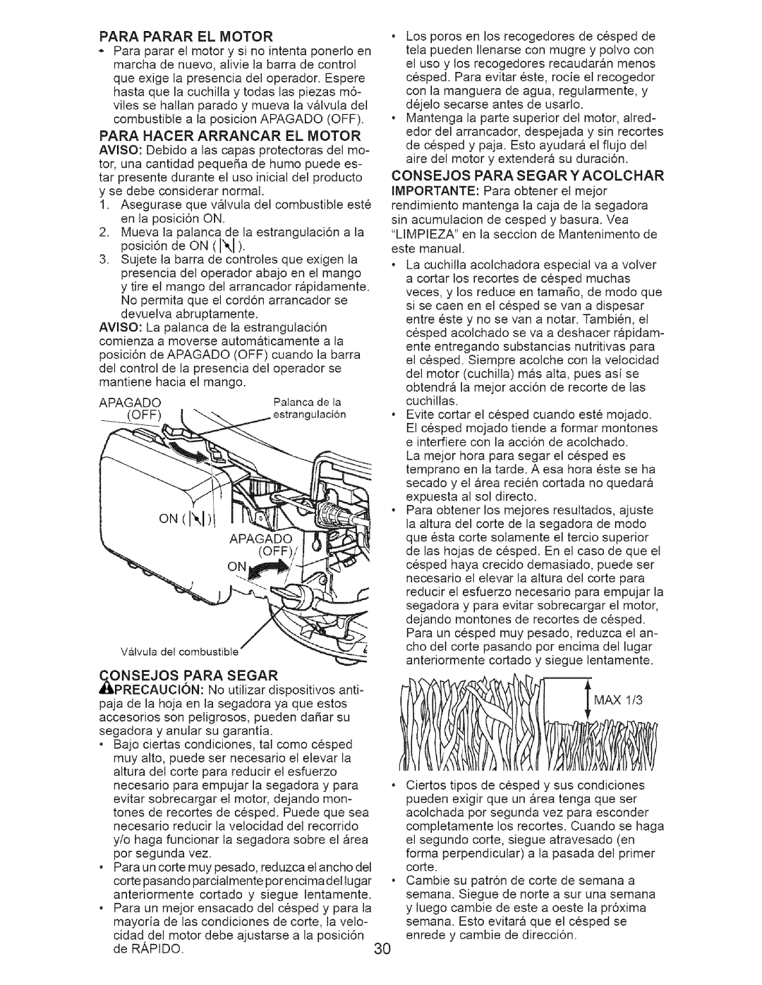Craftsman 917-371813 manual Para Parar El Motor, Para Hacer Arrancar El Motor 