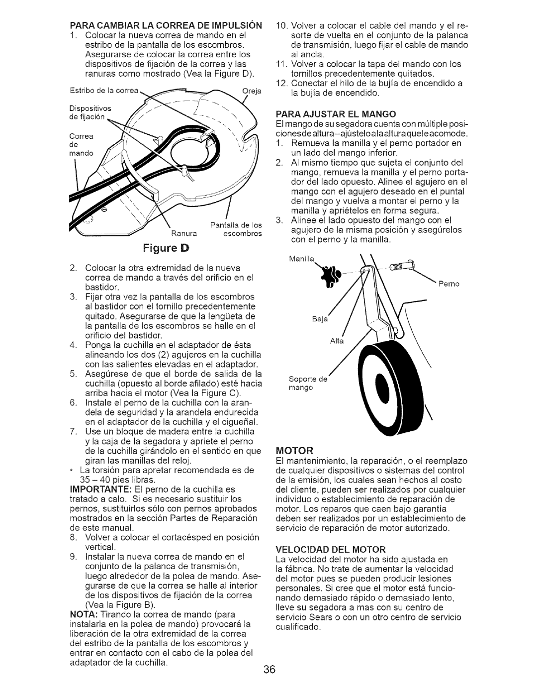 Craftsman 917-371813 manual Paracambiarlacorreadeimpulsion, Colocarla nuevacorreade mandoenel, Figure D, Motor 